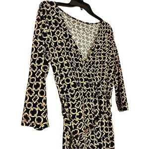 NY Collection Small 3/4 Sleeve Sash Tie Belted Wide Leg Gold Chain Black Jumpsui